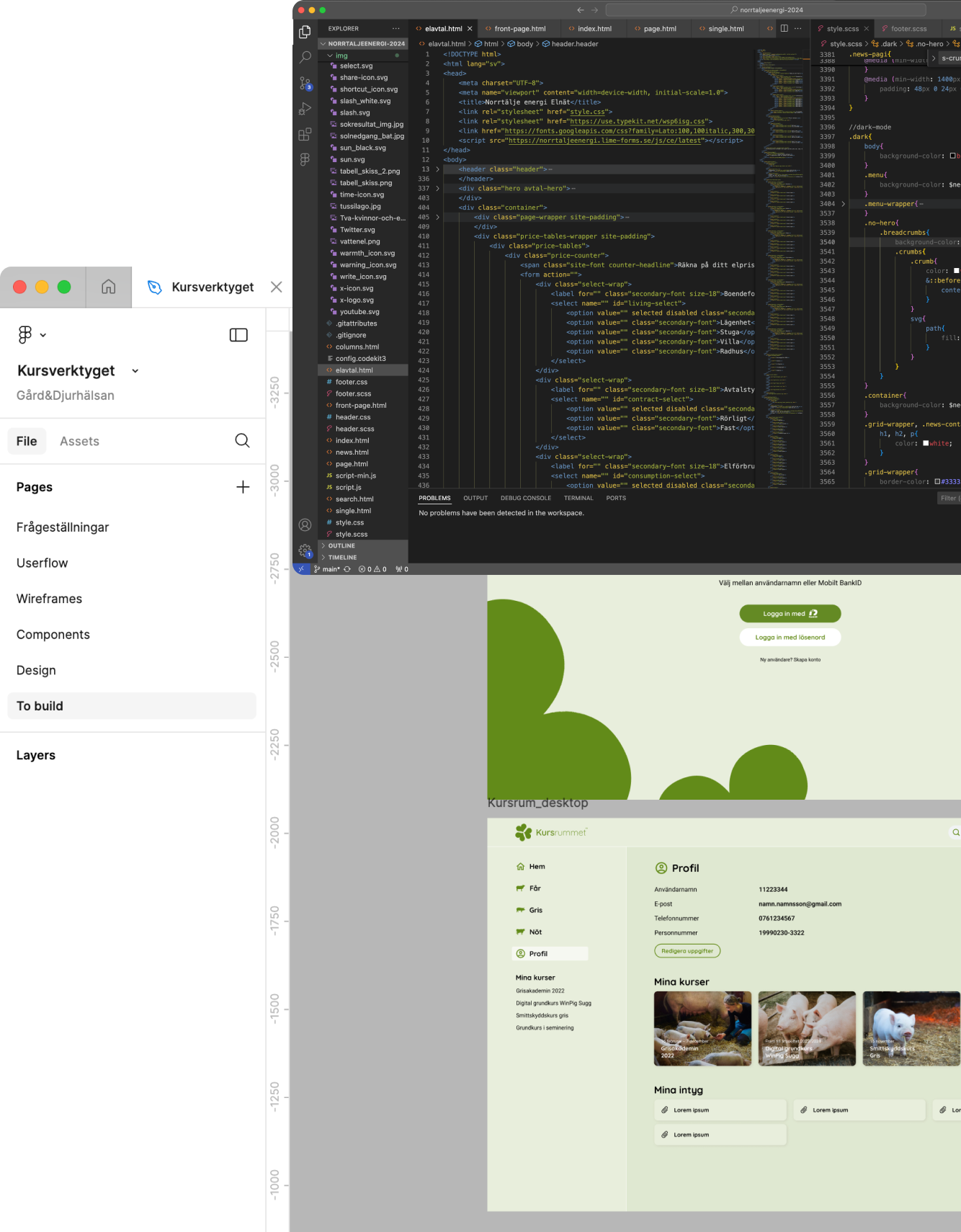 skärmavbilder från programmen VSCode och Figma